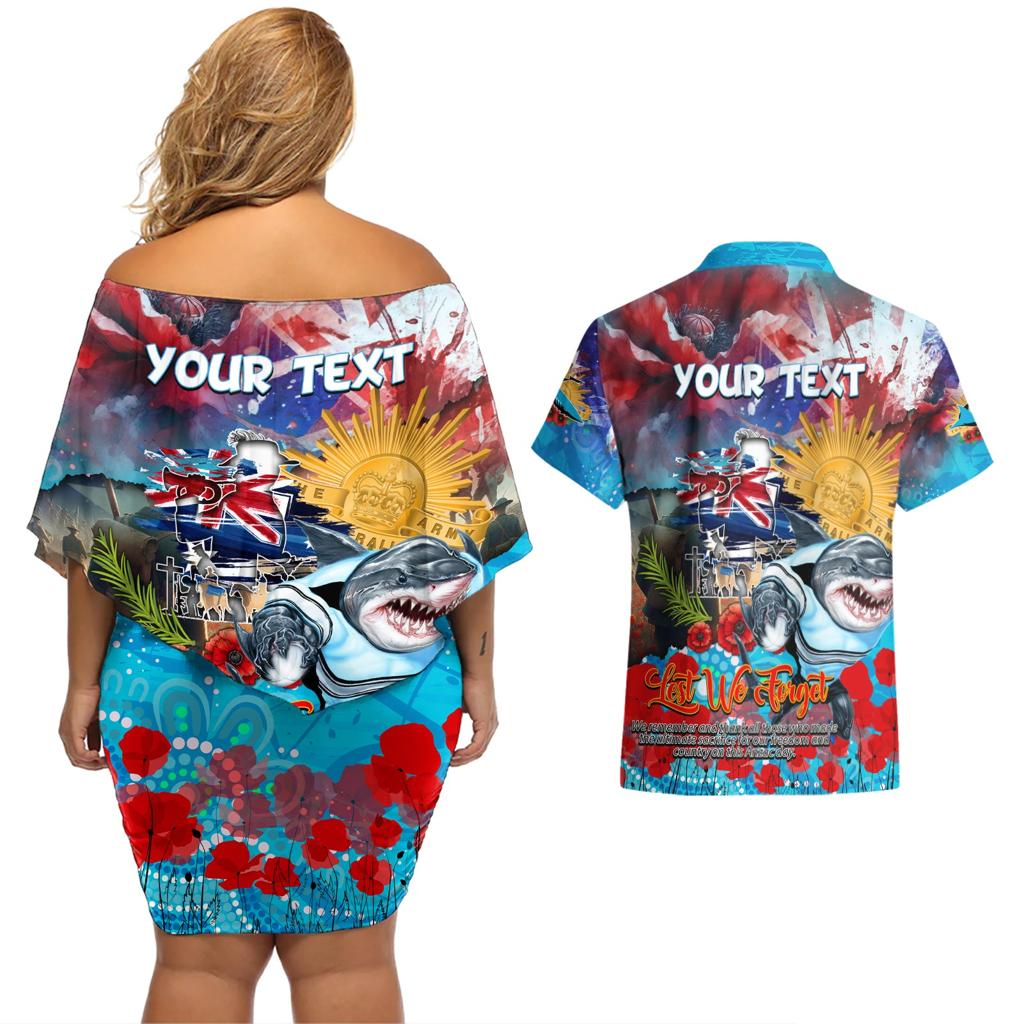Personalised Australia Rugby Sharks ANZAC Couples Matching Off Shoulder Short Dress and Hawaiian Shirt Cronulla-Sutherland Scratch Style