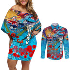Personalised Australia Rugby Sharks ANZAC Couples Matching Off Shoulder Short Dress and Long Sleeve Button Shirt Cronulla-Sutherland Scratch Style