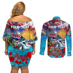 Personalised Australia Rugby Sharks ANZAC Couples Matching Off Shoulder Short Dress and Long Sleeve Button Shirt Cronulla-Sutherland Scratch Style