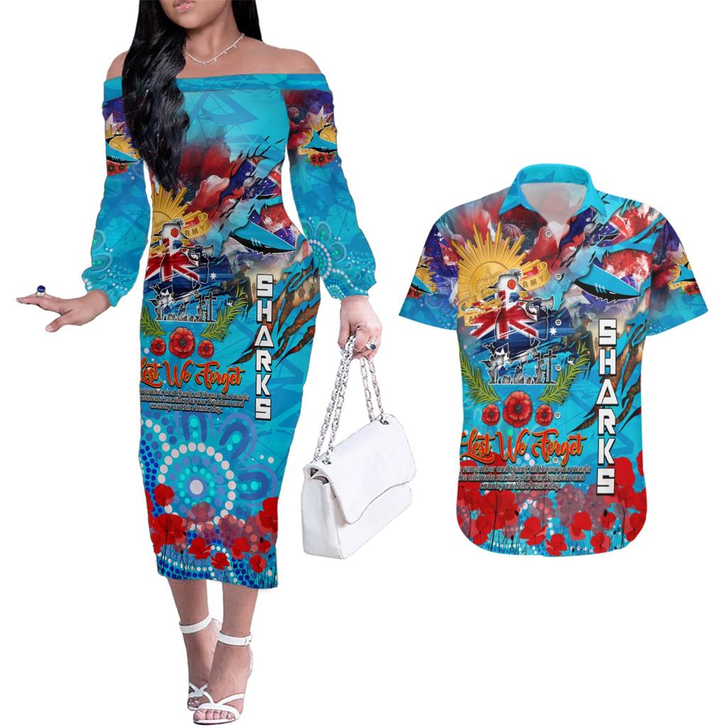 Personalised Australia Rugby Sharks ANZAC Couples Matching Off The Shoulder Long Sleeve Dress and Hawaiian Shirt Cronulla-Sutherland Scratch Style