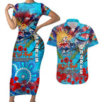 Personalised Australia Rugby Sharks ANZAC Couples Matching Short Sleeve Bodycon Dress and Hawaiian Shirt Cronulla-Sutherland Scratch Style