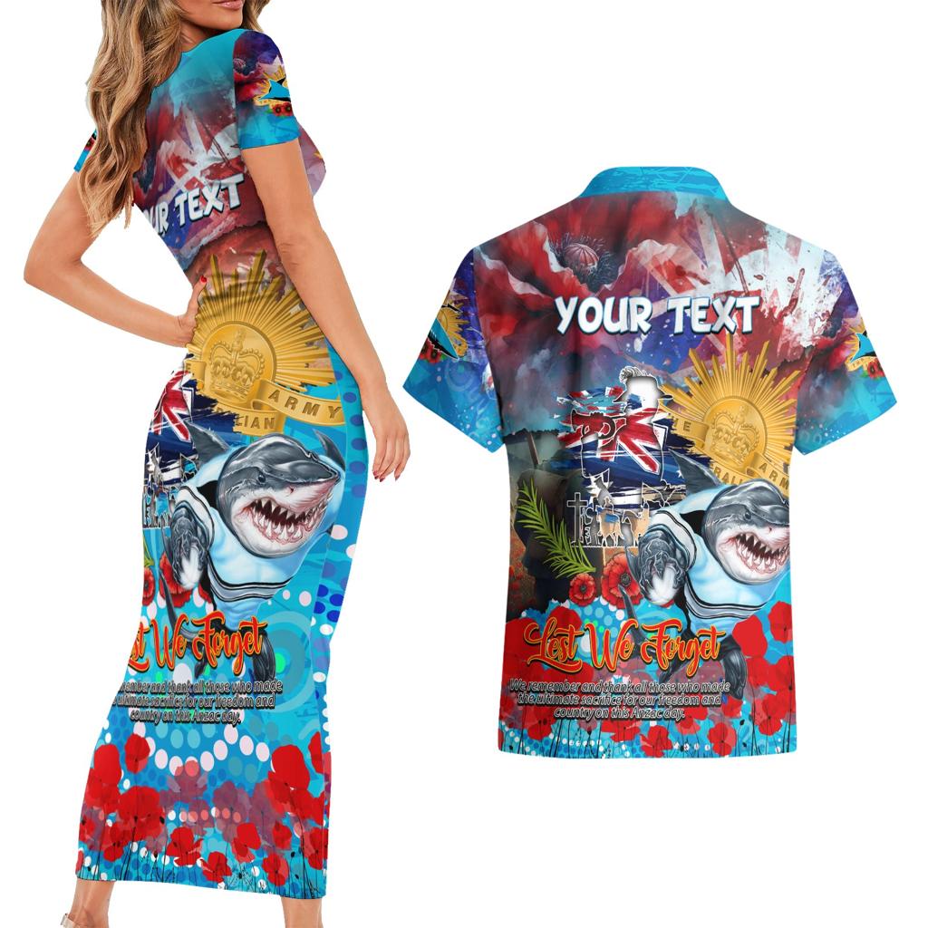 Personalised Australia Rugby Sharks ANZAC Couples Matching Short Sleeve Bodycon Dress and Hawaiian Shirt Cronulla-Sutherland Scratch Style