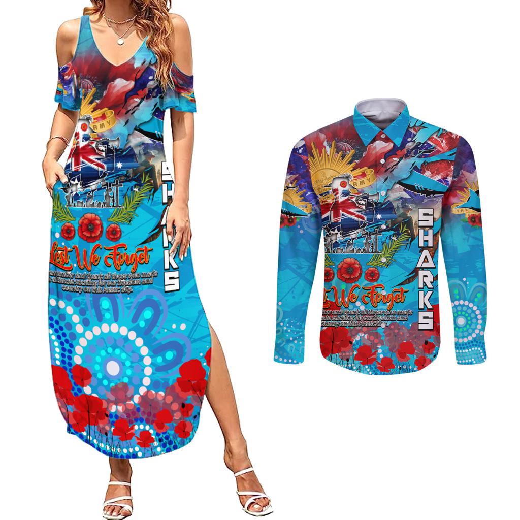 Personalised Australia Rugby Sharks ANZAC Couples Matching Summer Maxi Dress and Long Sleeve Button Shirt Cronulla-Sutherland Scratch Style