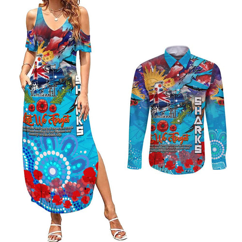 Personalised Australia Rugby Sharks ANZAC Couples Matching Summer Maxi Dress and Long Sleeve Button Shirt Cronulla-Sutherland Scratch Style