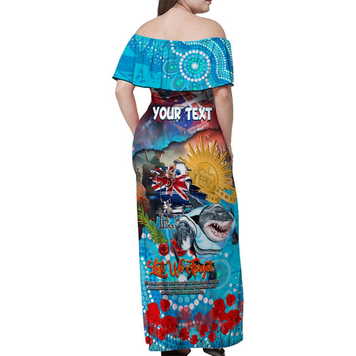 Personalised Australia Rugby Sharks ANZAC Family Matching Off Shoulder Maxi Dress and Hawaiian Shirt Cronulla-Sutherland Scratch Style