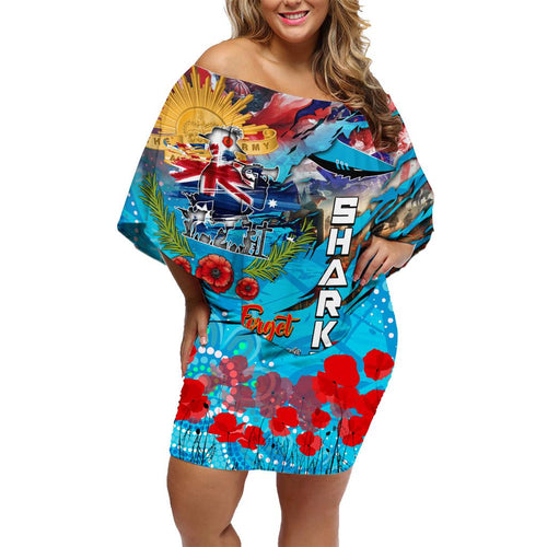 Personalised Australia Rugby Sharks ANZAC Family Matching Off Shoulder Short Dress and Hawaiian Shirt Cronulla-Sutherland Scratch Style