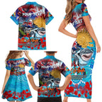 Personalised Australia Rugby Sharks ANZAC Family Matching Short Sleeve Bodycon Dress and Hawaiian Shirt Cronulla-Sutherland Scratch Style