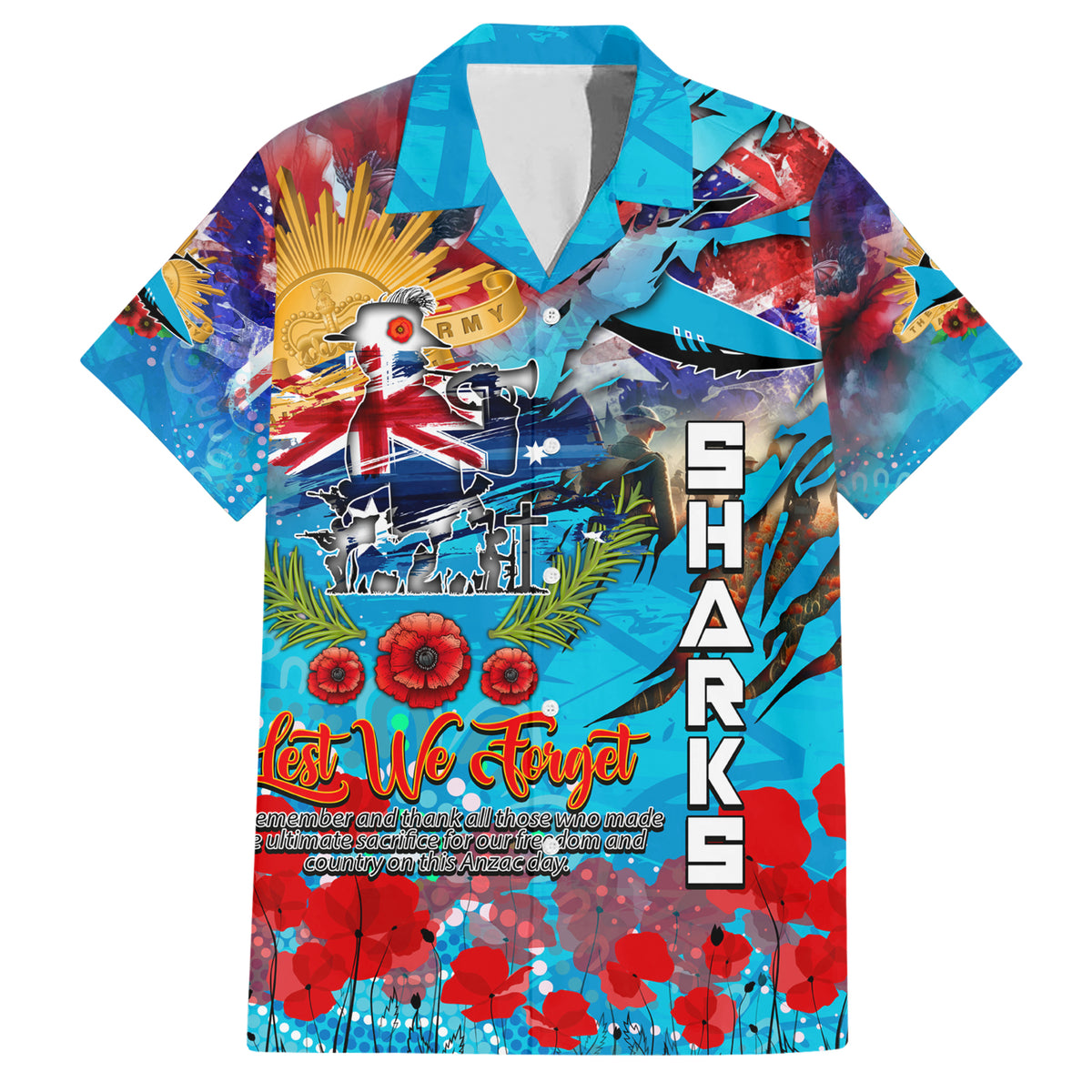 Personalised Australia Rugby Sharks ANZAC Hawaiian Shirt Cronulla-Sutherland Scratch Style