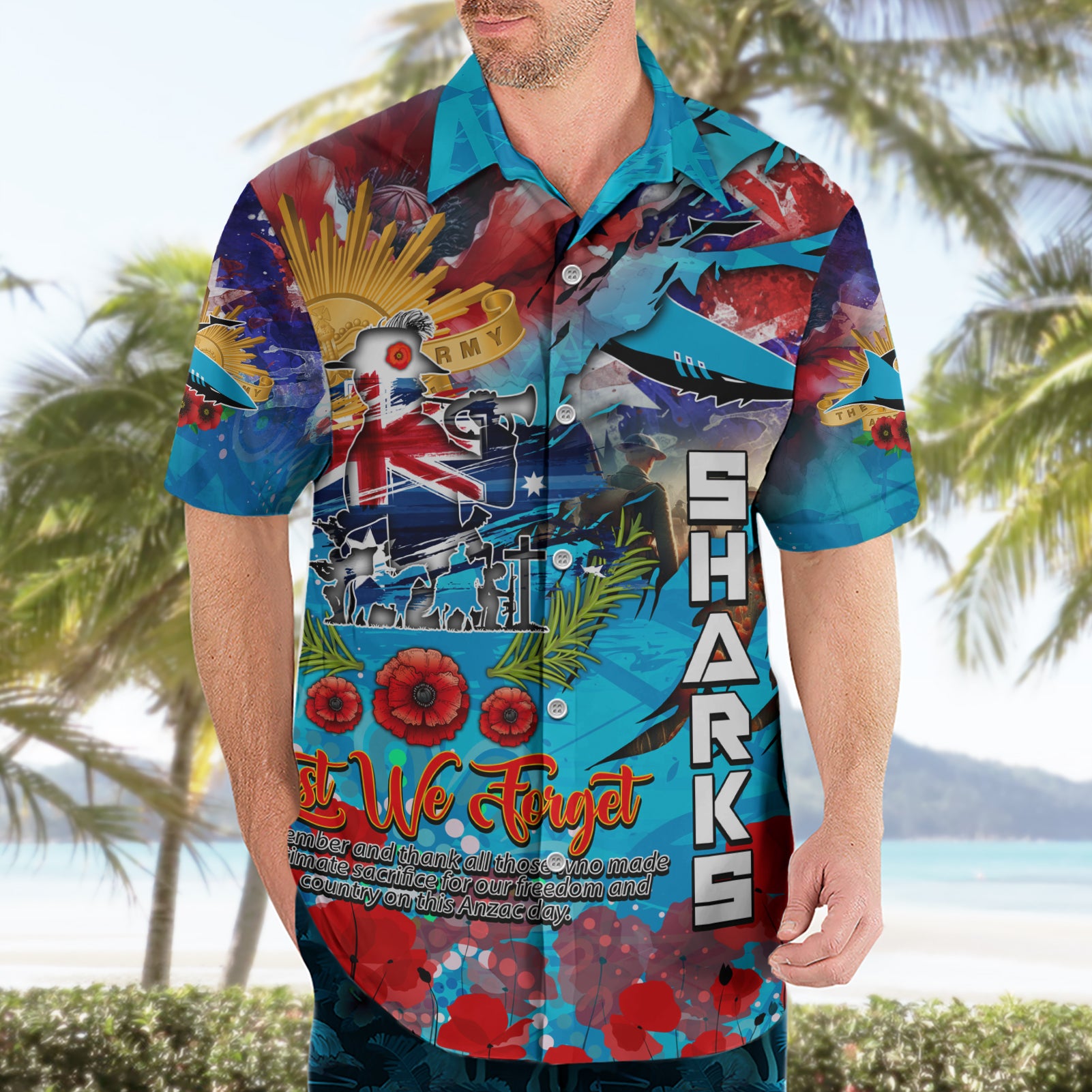 Personalised Australia Rugby Sharks ANZAC Hawaiian Shirt Cronulla-Sutherland Scratch Style