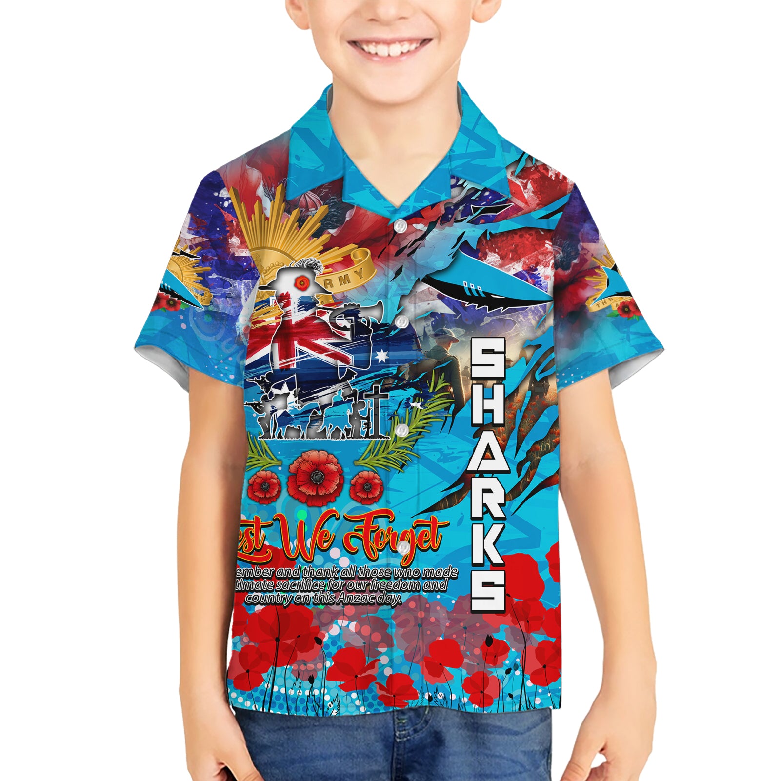 Personalised Australia Rugby Sharks ANZAC Hawaiian Shirt Cronulla-Sutherland Scratch Style