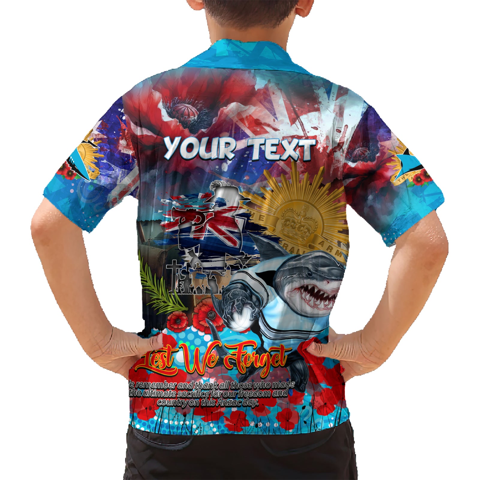 Personalised Australia Rugby Sharks ANZAC Kid Hawaiian Shirt Cronulla-Sutherland Scratch Style