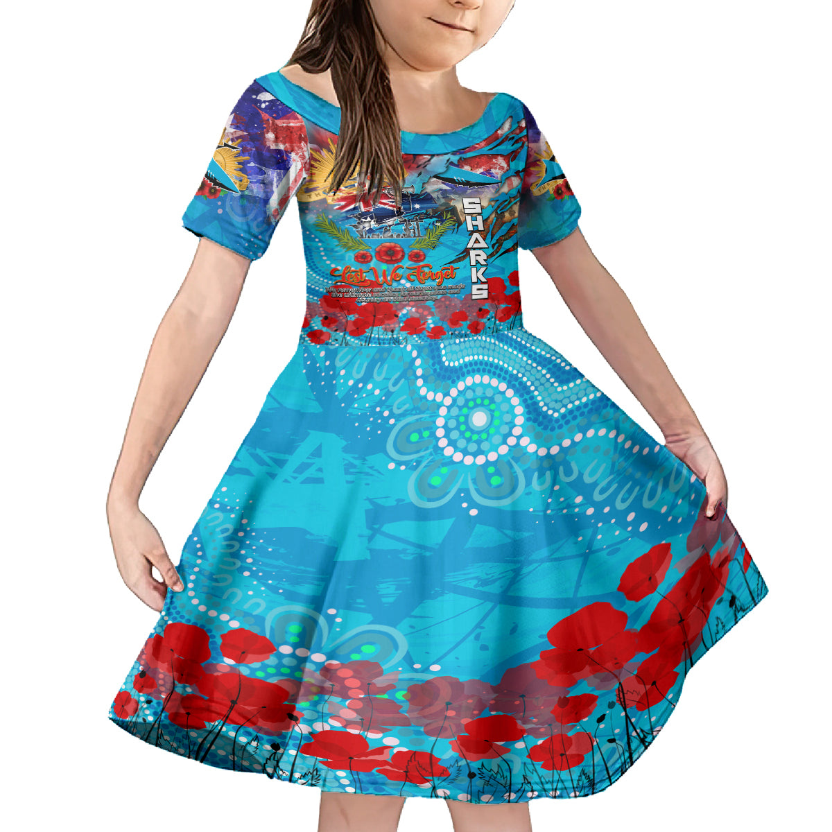 Personalised Australia Rugby Sharks ANZAC Kid Short Sleeve Dress Cronulla-Sutherland Scratch Style