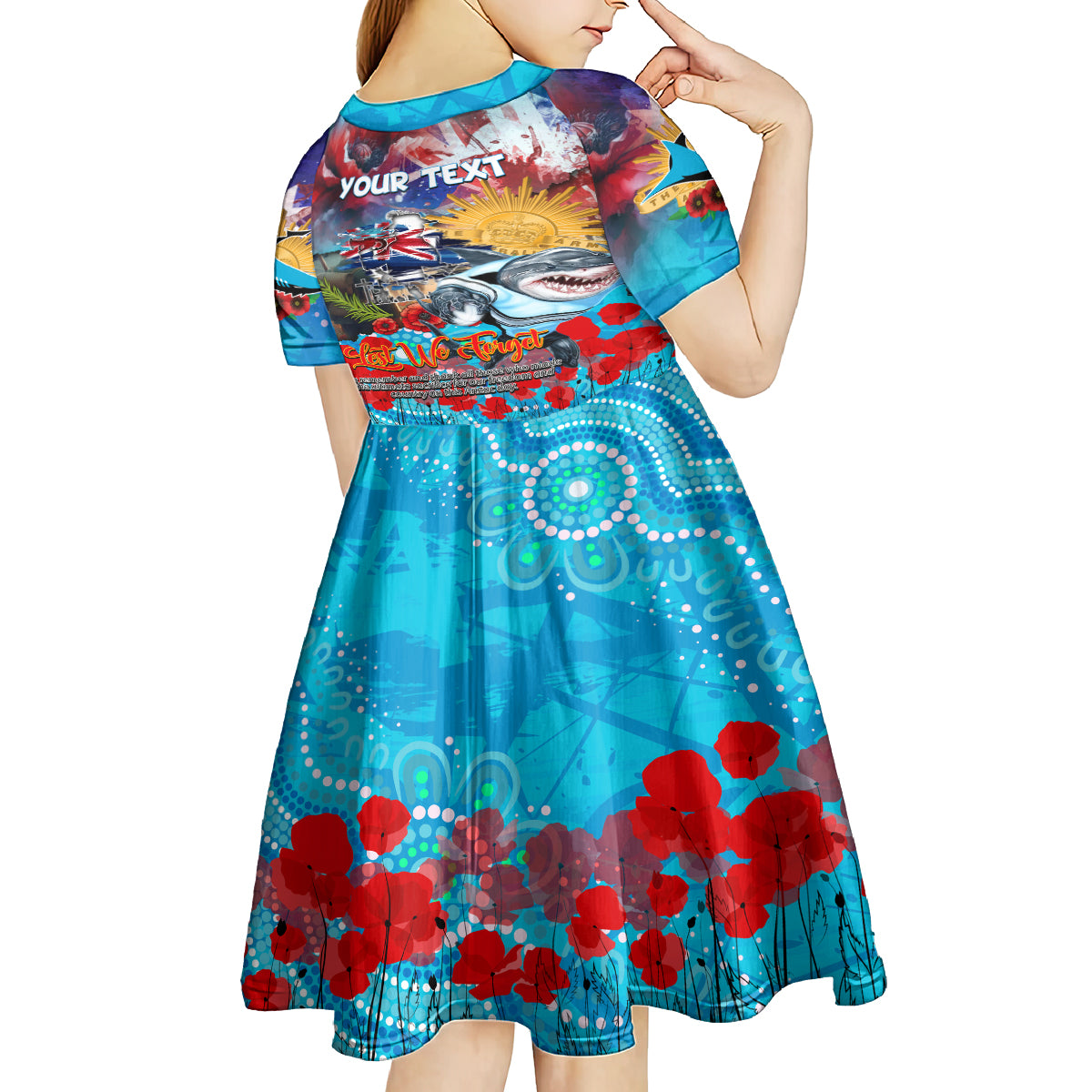 Personalised Australia Rugby Sharks ANZAC Kid Short Sleeve Dress Cronulla-Sutherland Scratch Style
