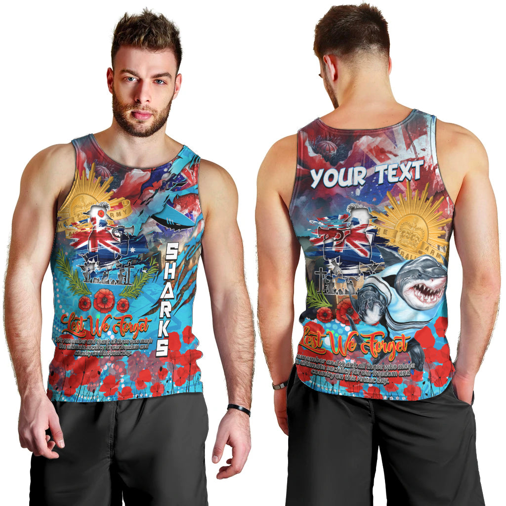 Personalised Australia Rugby Sharks ANZAC Men Tank Top Cronulla-Sutherland Scratch Style