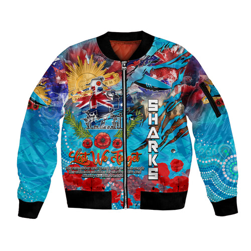 Personalised Australia Rugby Sharks ANZAC Sleeve Zip Bomber Jacket Cronulla-Sutherland Scratch Style