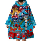 Personalised Australia Rugby Sharks ANZAC Wearable Blanket Hoodie Cronulla-Sutherland Scratch Style