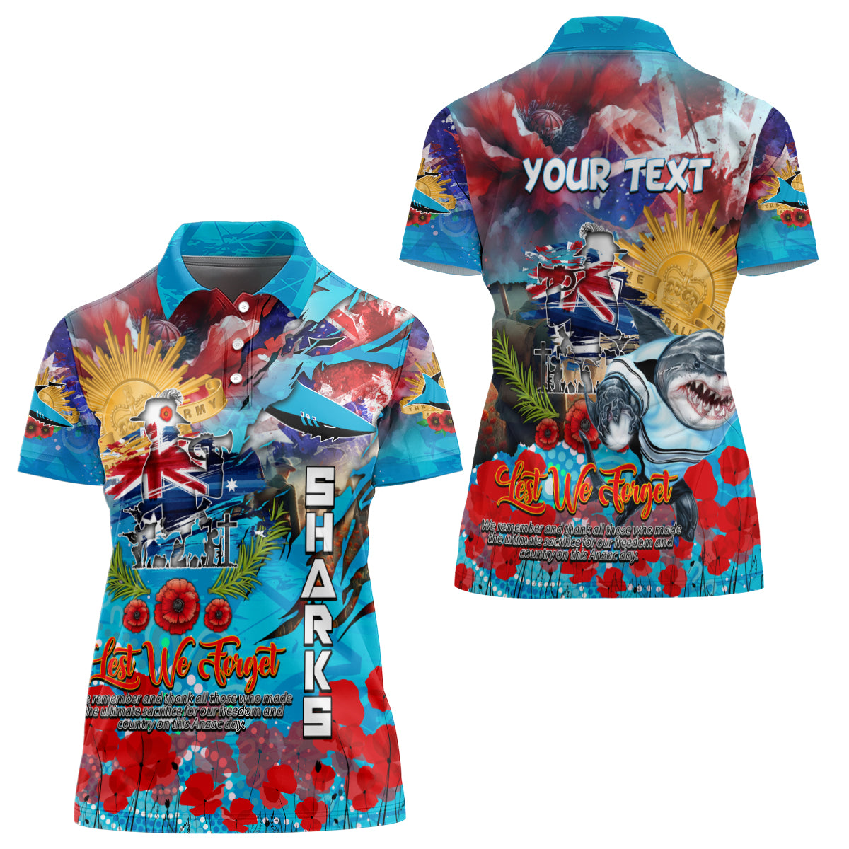 Personalised Australia Rugby Sharks ANZAC Women Polo Shirt Cronulla-Sutherland Scratch Style
