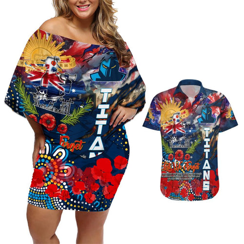 Personalised Australia Rugby Titans ANZAC Couples Matching Off Shoulder Short Dress and Hawaiian Shirt Gold Coast Scratch Style
