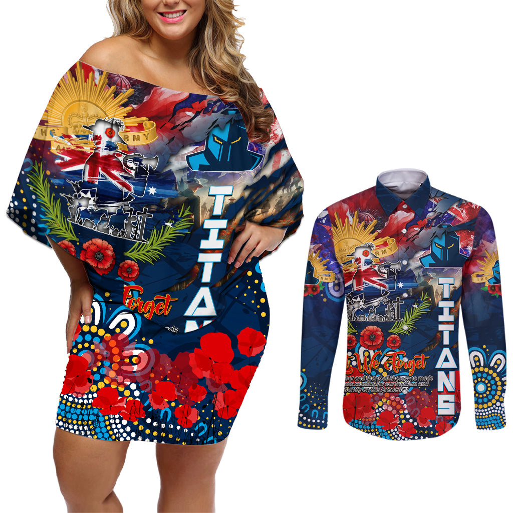 Personalised Australia Rugby Titans ANZAC Couples Matching Off Shoulder Short Dress and Long Sleeve Button Shirt Gold Coast Scratch Style