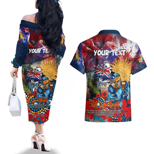 Personalised Australia Rugby Titans ANZAC Couples Matching Off The Shoulder Long Sleeve Dress and Hawaiian Shirt Gold Coast Scratch Style