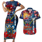 Personalised Australia Rugby Titans ANZAC Couples Matching Short Sleeve Bodycon Dress and Hawaiian Shirt Gold Coast Scratch Style