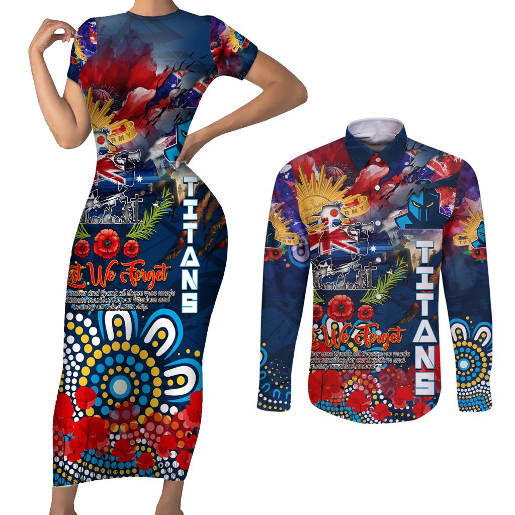 Personalised Australia Rugby Titans ANZAC Couples Matching Short Sleeve Bodycon Dress and Long Sleeve Button Shirt Gold Coast Scratch Style