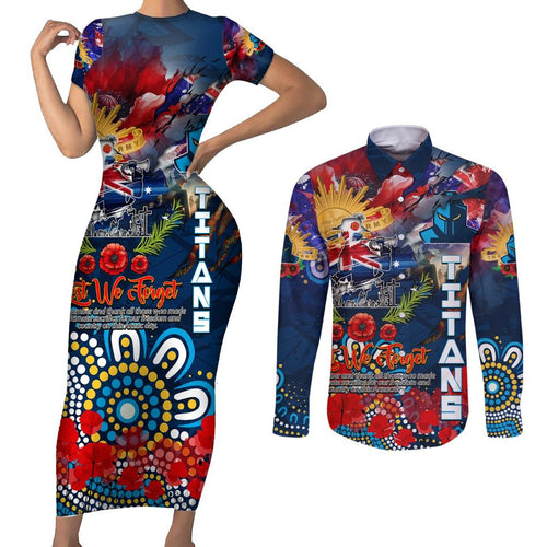 Personalised Australia Rugby Titans ANZAC Couples Matching Short Sleeve Bodycon Dress and Long Sleeve Button Shirt Gold Coast Scratch Style