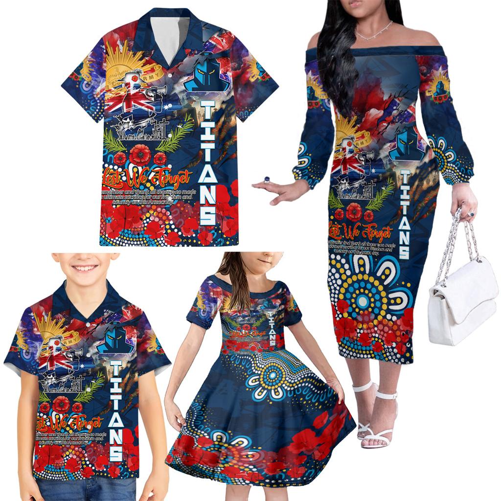 Personalised Australia Rugby Titans ANZAC Family Matching Off The Shoulder Long Sleeve Dress and Hawaiian Shirt Gold Coast Scratch Style