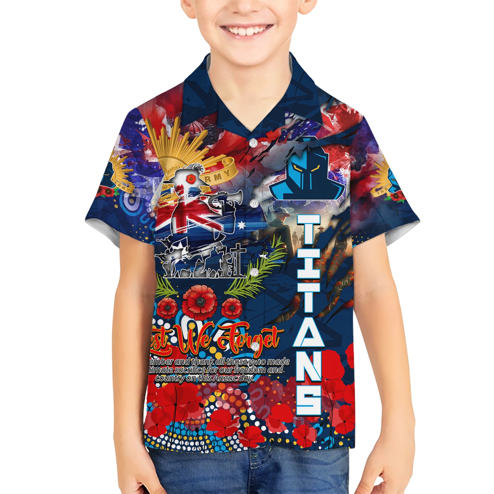Personalised Australia Rugby Titans ANZAC Hawaiian Shirt Gold Coast Scratch Style