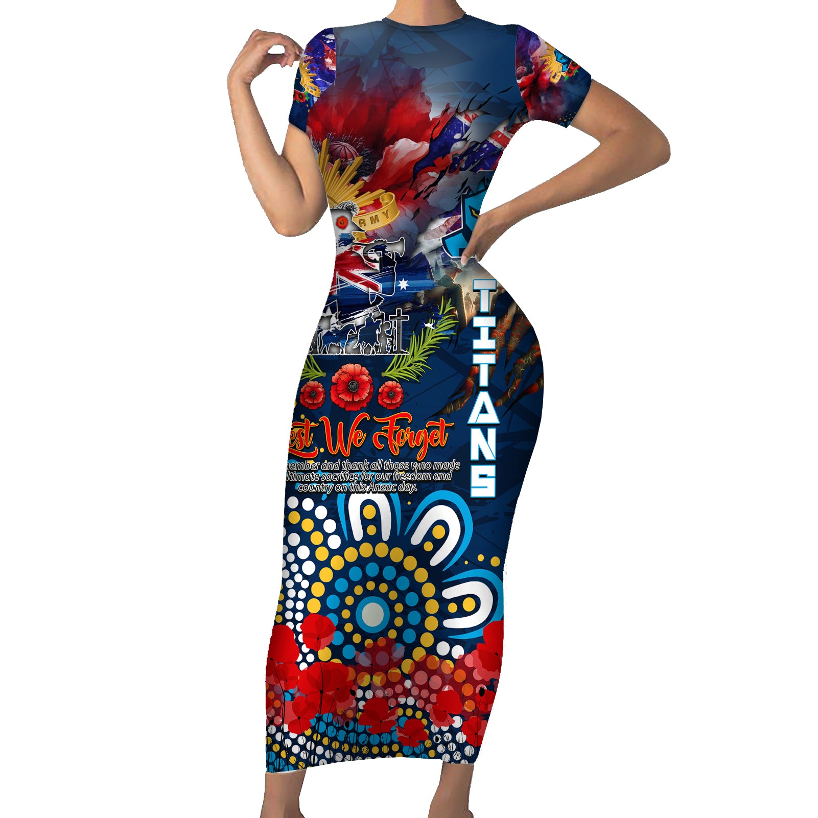 Personalised Australia Rugby Titans ANZAC Short Sleeve Bodycon Dress Gold Coast Scratch Style