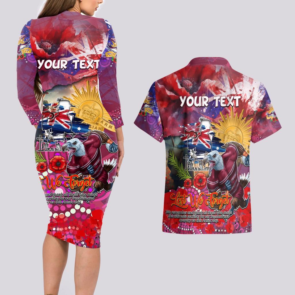 Personalised Australia Rugby Sea Eagles ANZAC Couples Matching Long Sleeve Bodycon Dress and Hawaiian Shirt Manly-Warringah Scratch Style