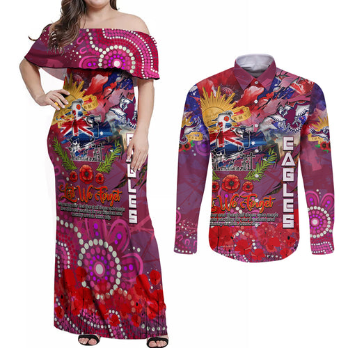 Personalised Australia Rugby Sea Eagles ANZAC Couples Matching Off Shoulder Maxi Dress and Long Sleeve Button Shirt Manly-Warringah Scratch Style