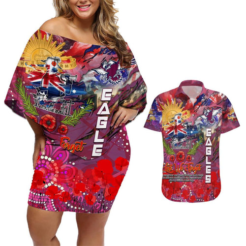 Personalised Australia Rugby Sea Eagles ANZAC Couples Matching Off Shoulder Short Dress and Hawaiian Shirt Manly-Warringah Scratch Style