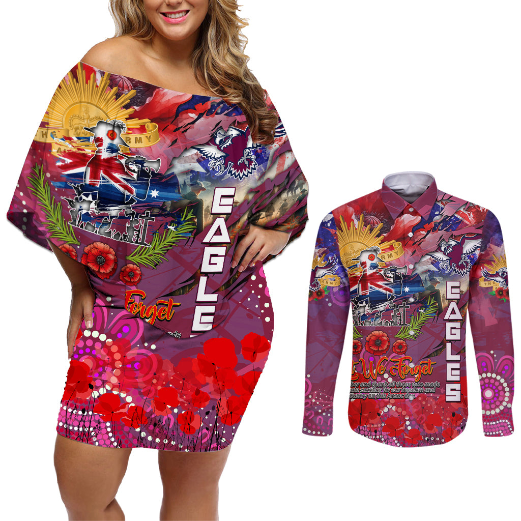 Personalised Australia Rugby Sea Eagles ANZAC Couples Matching Off Shoulder Short Dress and Long Sleeve Button Shirt Manly-Warringah Scratch Style