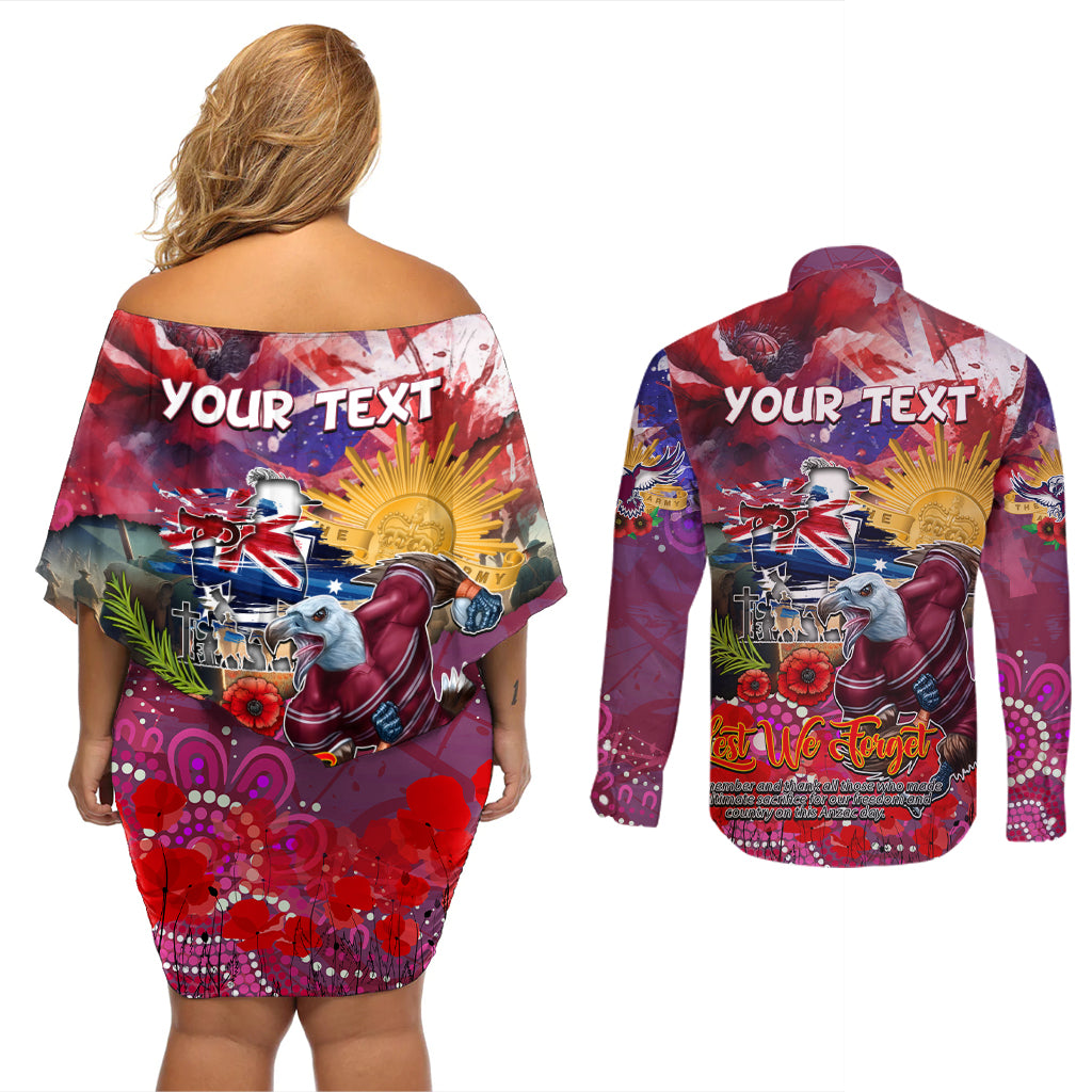 Personalised Australia Rugby Sea Eagles ANZAC Couples Matching Off Shoulder Short Dress and Long Sleeve Button Shirt Manly-Warringah Scratch Style