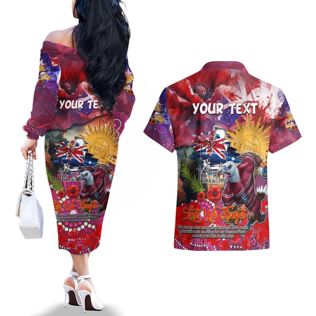 Personalised Australia Rugby Sea Eagles ANZAC Couples Matching Off The Shoulder Long Sleeve Dress and Hawaiian Shirt Manly-Warringah Scratch Style