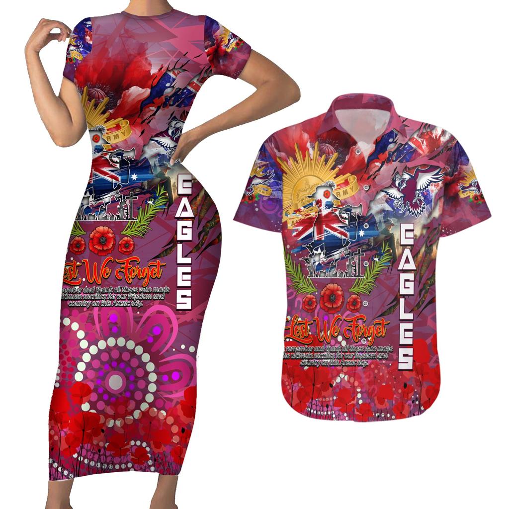 Personalised Australia Rugby Sea Eagles ANZAC Couples Matching Short Sleeve Bodycon Dress and Hawaiian Shirt Manly-Warringah Scratch Style