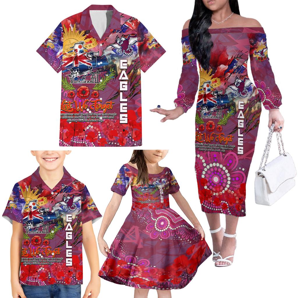 Personalised Australia Rugby Sea Eagles ANZAC Family Matching Off The Shoulder Long Sleeve Dress and Hawaiian Shirt Manly-Warringah Scratch Style