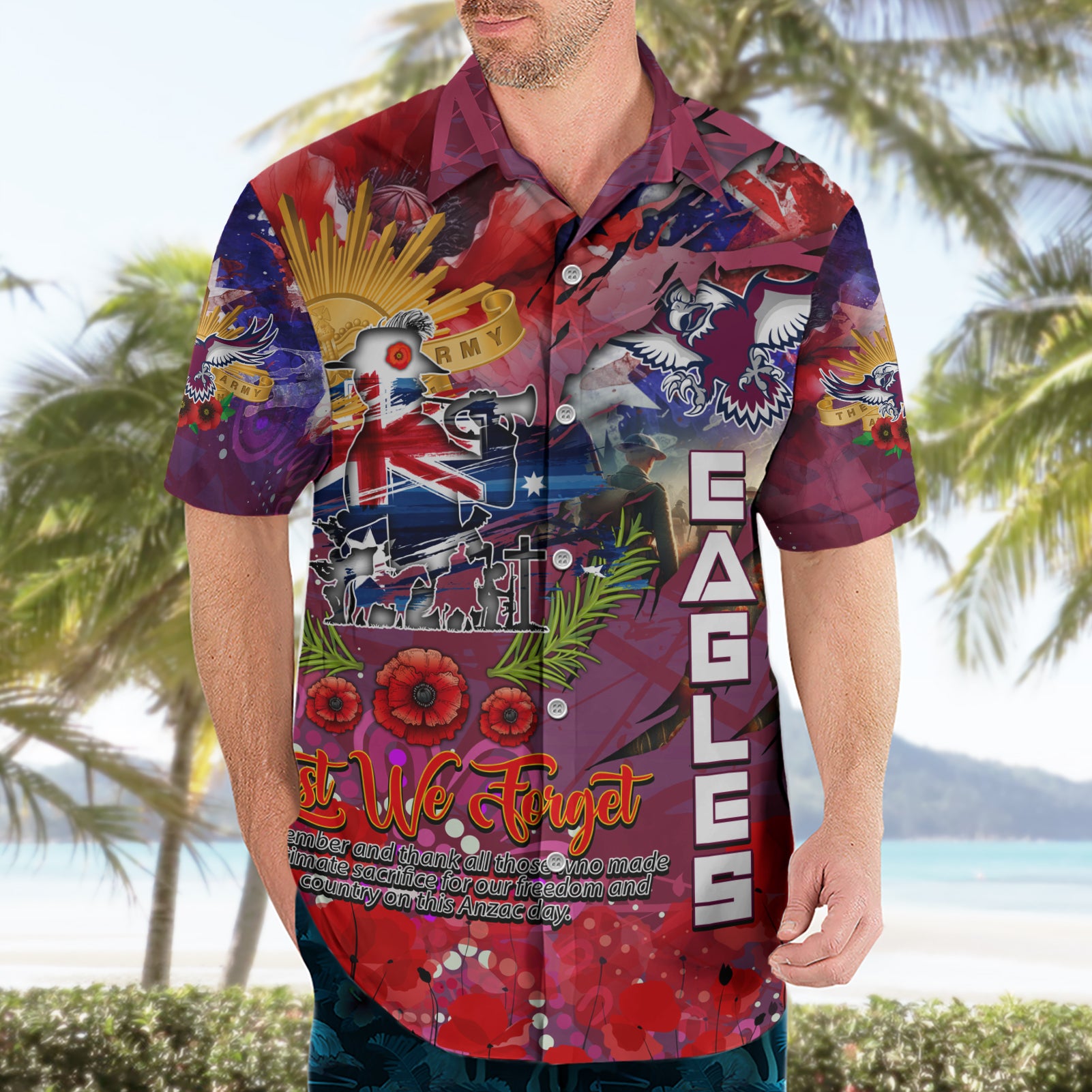 Personalised Australia Rugby Sea Eagles ANZAC Hawaiian Shirt Manly-Warringah Scratch Style