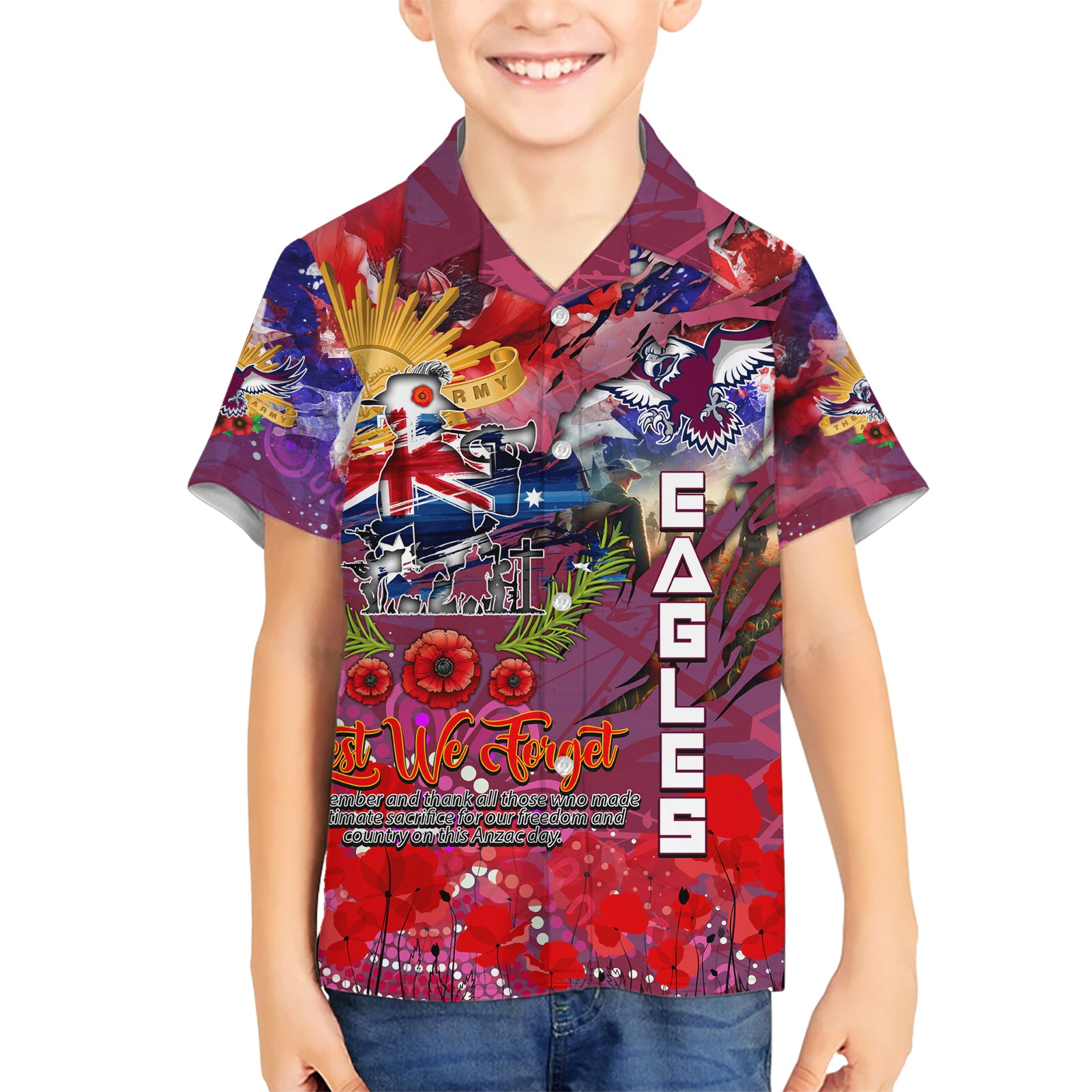 Personalised Australia Rugby Sea Eagles ANZAC Kid Hawaiian Shirt Manly-Warringah Scratch Style