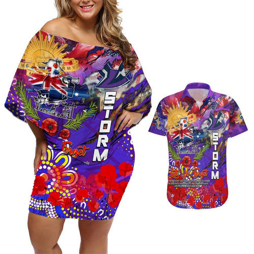 Personalised Australia Rugby Storm ANZAC Couples Matching Off Shoulder Short Dress and Hawaiian Shirt Melbourne Scratch Style