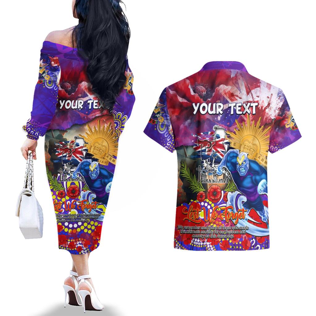 Personalised Australia Rugby Storm ANZAC Couples Matching Off The Shoulder Long Sleeve Dress and Hawaiian Shirt Melbourne Scratch Style