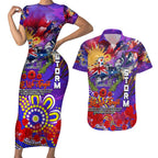 Personalised Australia Rugby Storm ANZAC Couples Matching Short Sleeve Bodycon Dress and Hawaiian Shirt Melbourne Scratch Style
