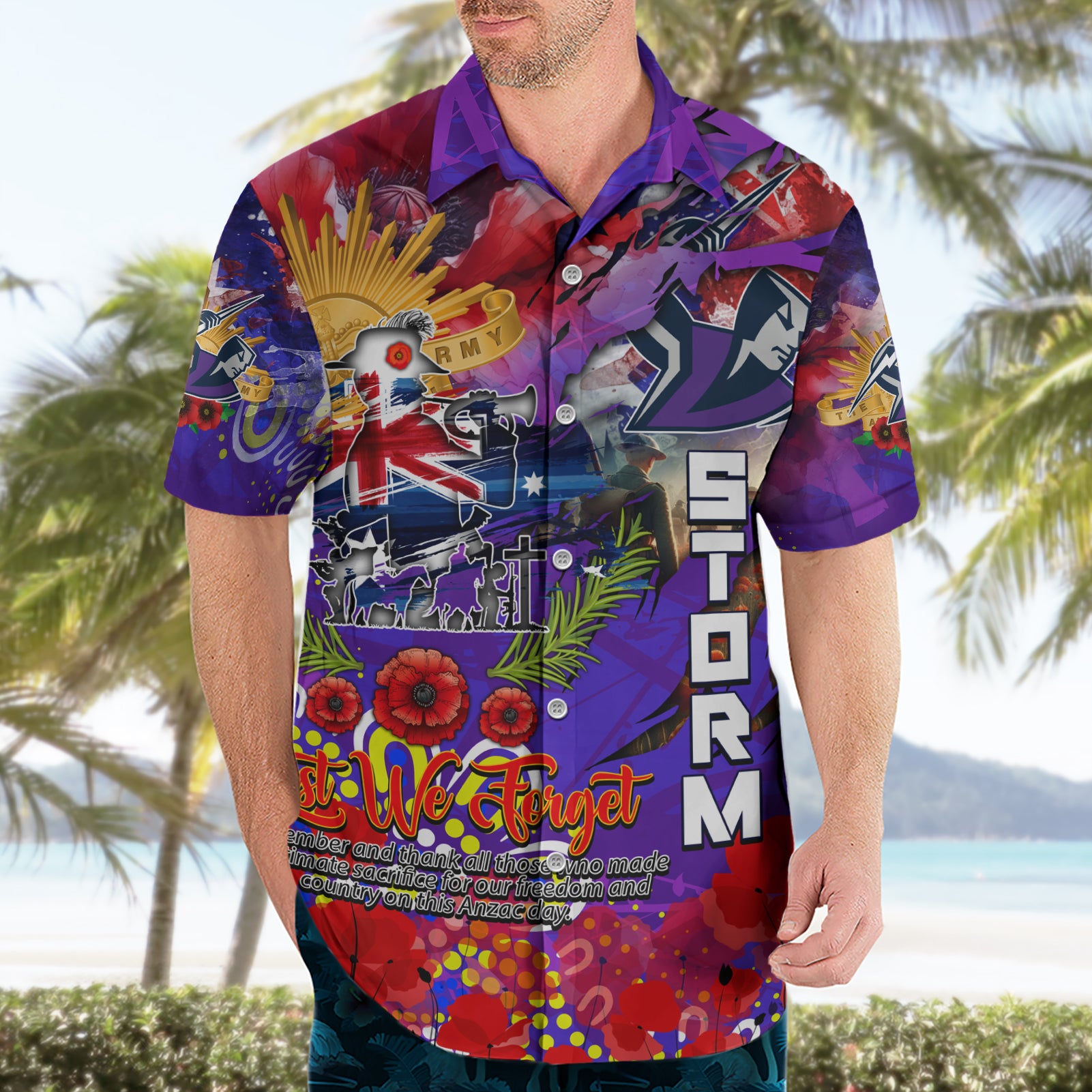 Personalised Australia Rugby Storm ANZAC Hawaiian Shirt Melbourne Scratch Style