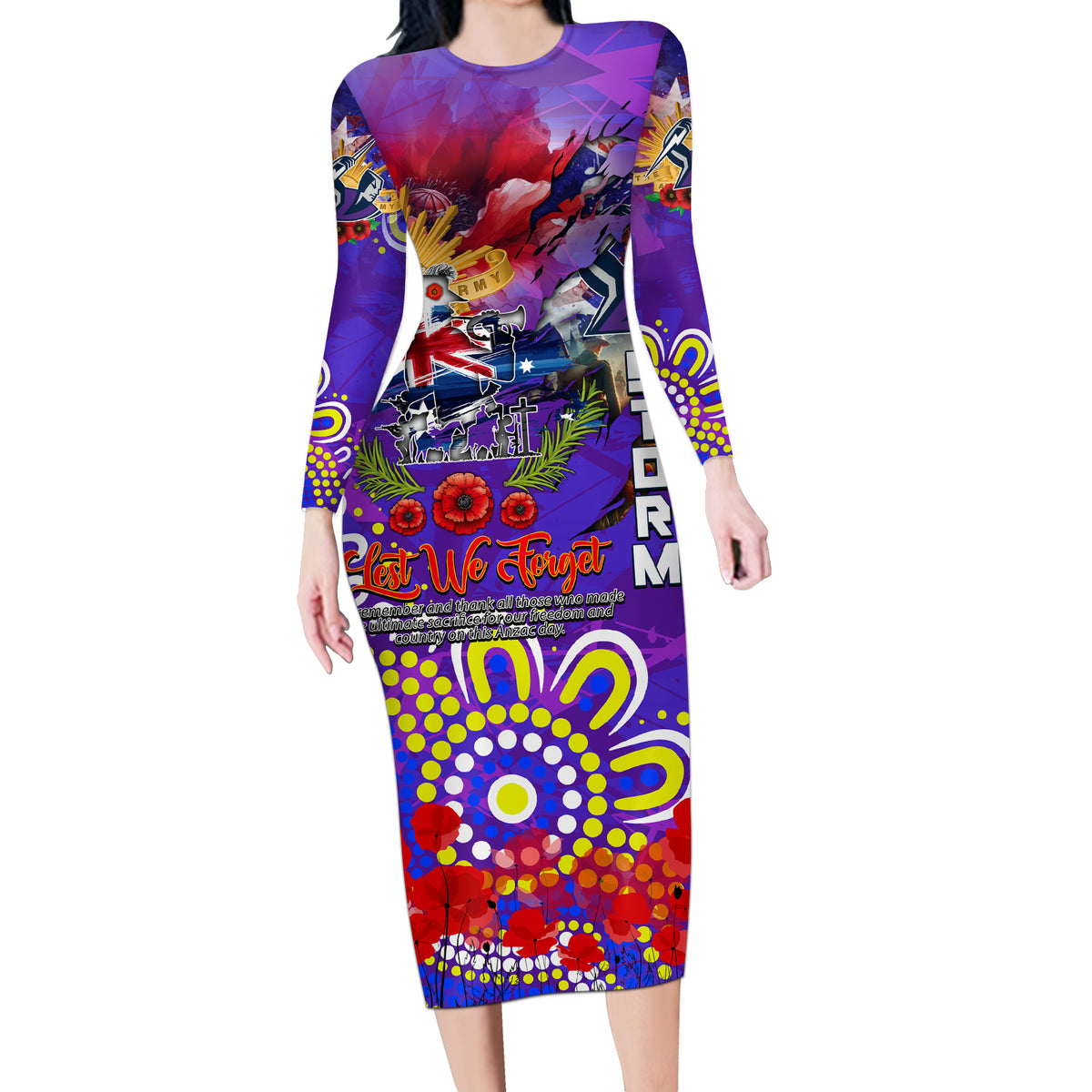 Personalised Australia Rugby Storm ANZAC Long Sleeve Bodycon Dress Melbourne Scratch Style