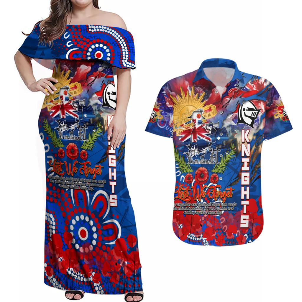 Personalised Australia Rugby Knights ANZAC Couples Matching Off Shoulder Maxi Dress and Hawaiian Shirt Newcastle Scratch Style