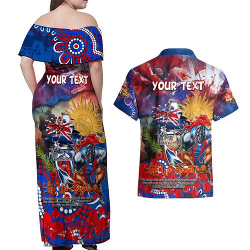 Personalised Australia Rugby Knights ANZAC Couples Matching Off Shoulder Maxi Dress and Hawaiian Shirt Newcastle Scratch Style