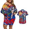 Personalised Australia Rugby Knights ANZAC Couples Matching Off Shoulder Short Dress and Hawaiian Shirt Newcastle Scratch Style