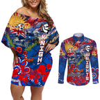 Personalised Australia Rugby Knights ANZAC Couples Matching Off Shoulder Short Dress and Long Sleeve Button Shirt Newcastle Scratch Style
