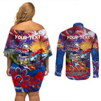 Personalised Australia Rugby Knights ANZAC Couples Matching Off Shoulder Short Dress and Long Sleeve Button Shirt Newcastle Scratch Style
